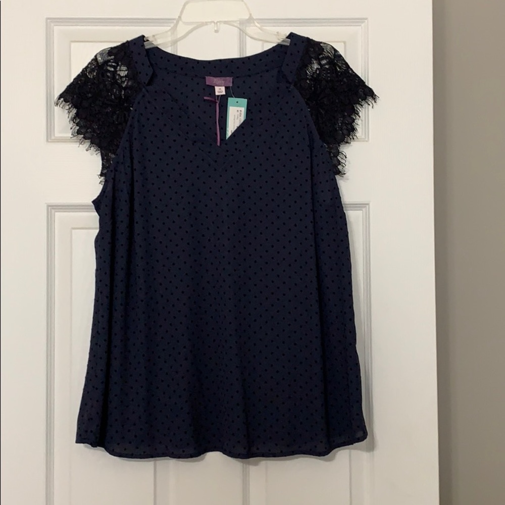 Blue polka dot lace capped sleeve top